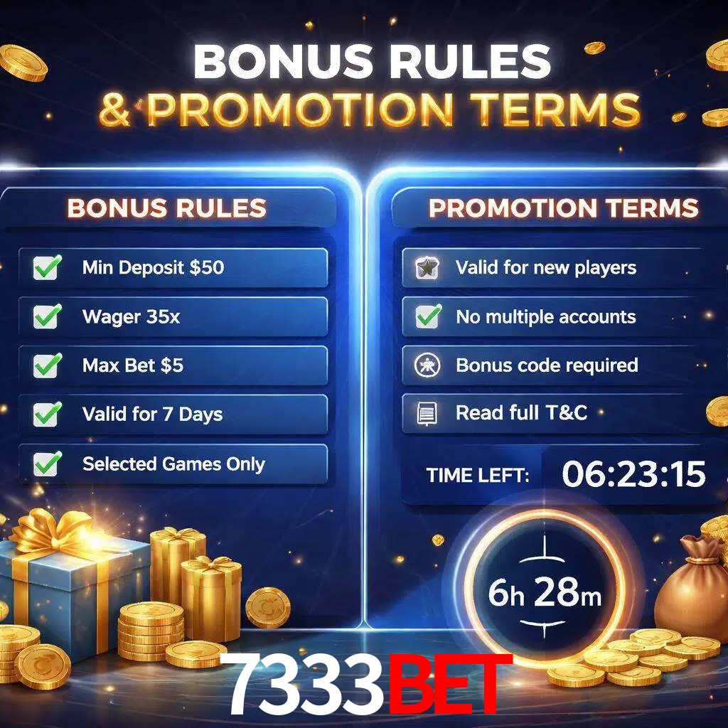 Reglas de promoción 7333BET y condiciones de bonos explicadas visualmente