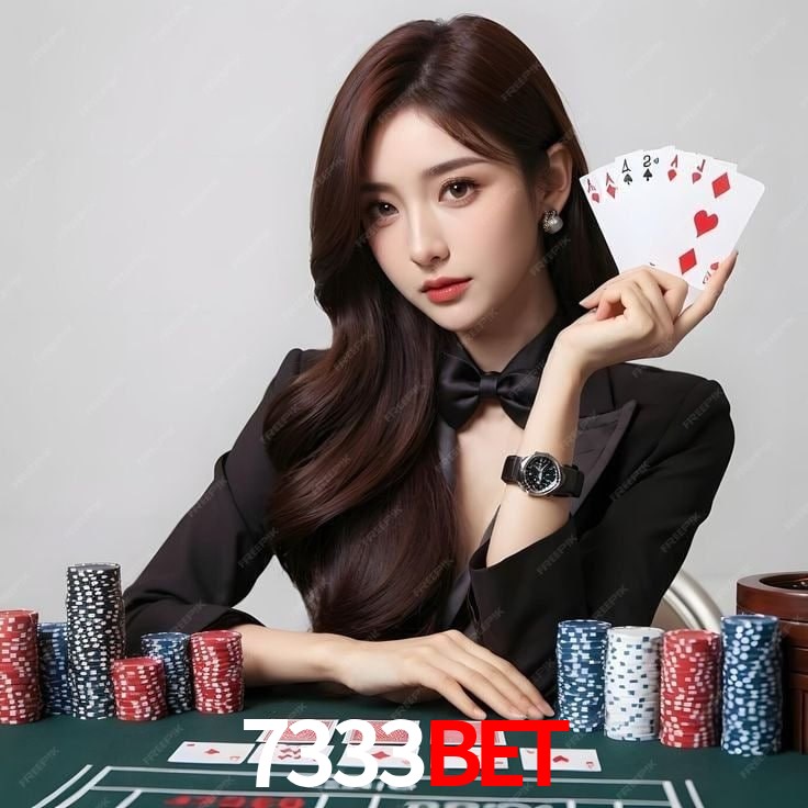 Escena dinámica inspirada en casino con iluminación 7333BET, cartas, fichas e íconos de juegos digitales en un espacio moderno de juegos.
