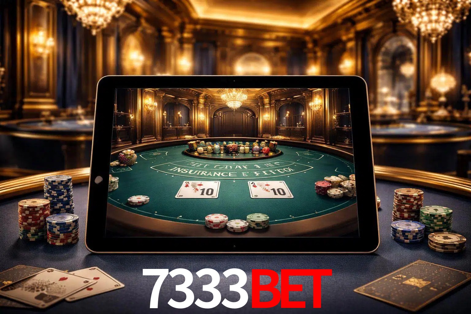 Configuración moderna de casino en vivo con una tableta mostrando una mesa de blackjack, luces cálidas de estudio y una atmósfera elegante de juegos digitales.