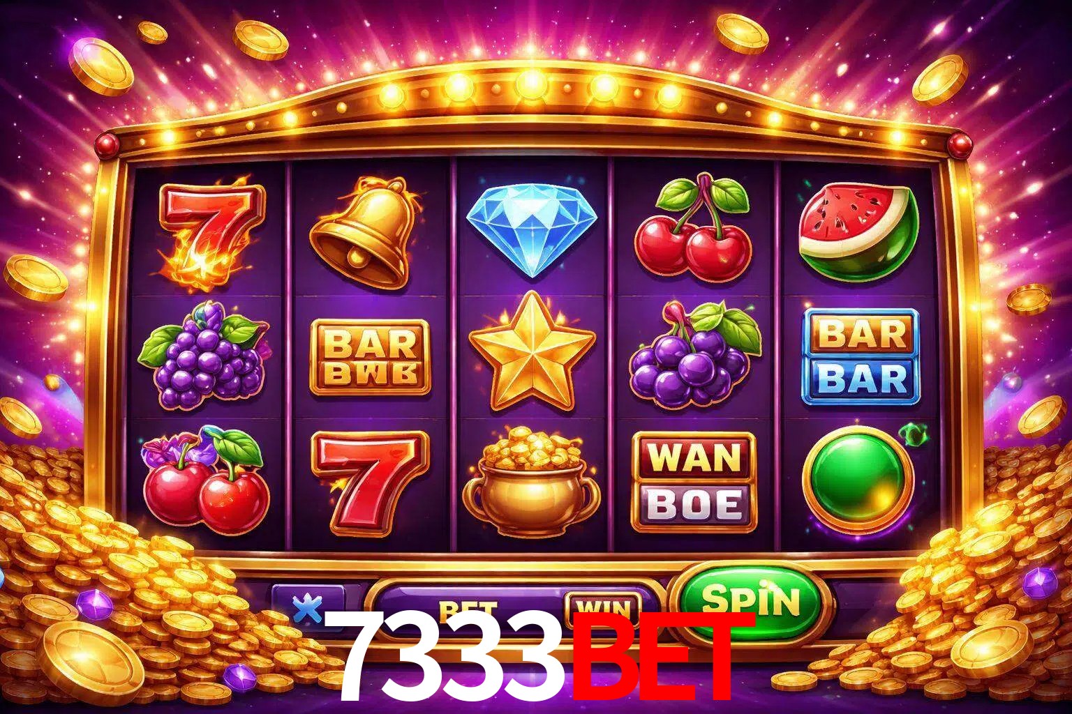Una interfaz colorida de tragamonedas en línea con símbolos brillantes, monedas y un efecto de victoria celebratoria en 7333BET.