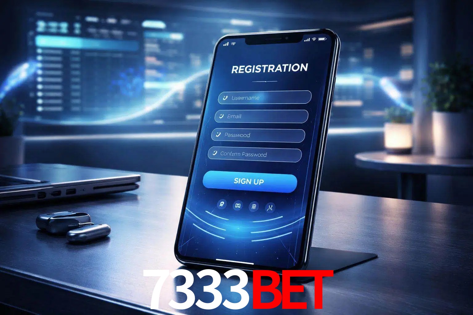 Una interfaz moderna de registro móvil para 7333BET mostrada en un smartphone con un panel de apuestas elegante.